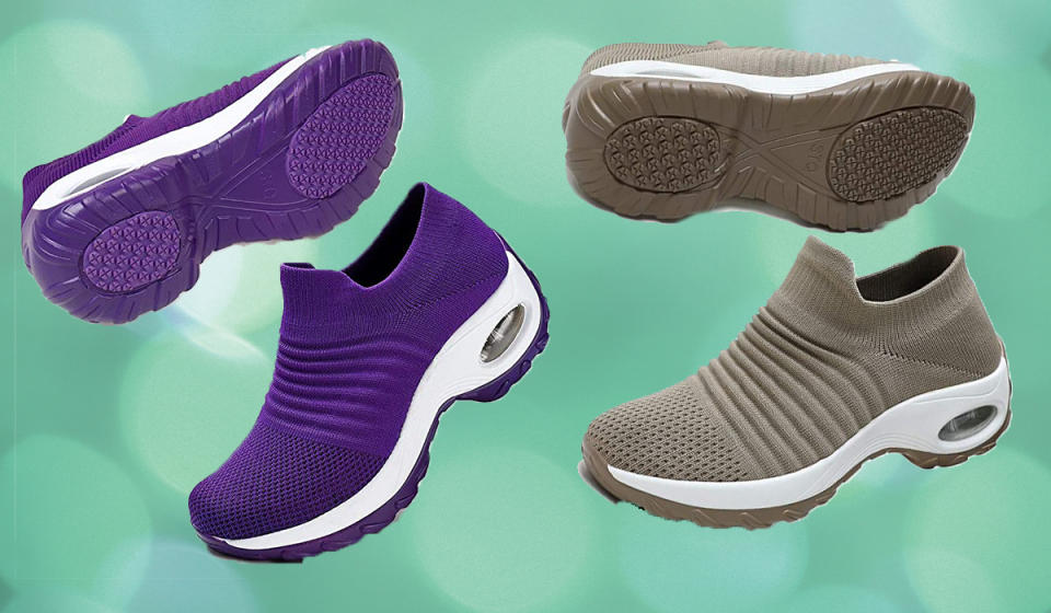 Two pairs of these walking shoes shown: One in purple, one in taupe