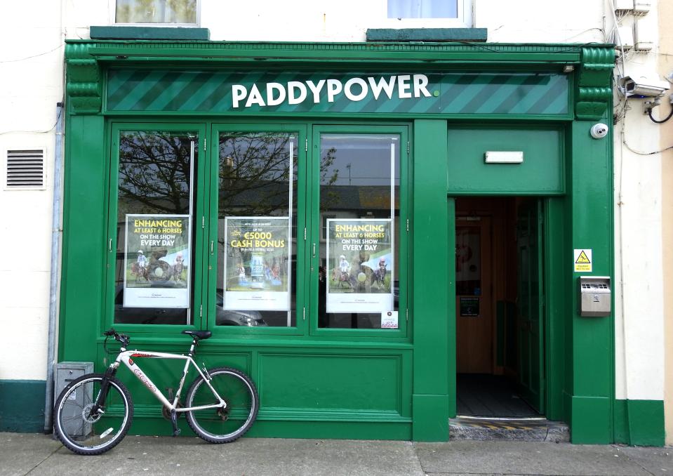 17th April 2019, Dublin, Ireland. Paddy Power betting offices with a bicycle parked outside in Skerries, Dublin.