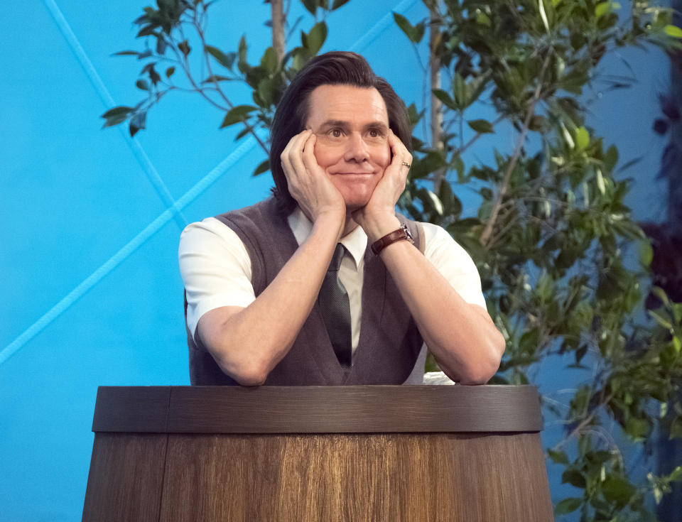 This image released by Showtime shows Jim Carrey as Jeff Pickles in a scene from the series "Kidding." On Thursday, Dec. 6, 2018, the program was nominated for a Golden Globe award for best comedy series. Carrey was also nominated for best actor in a comedy series. The 76th Golden Globe Awards will be held on Sunday, Jan. 6. (Erica Parise/Showtime via AP)