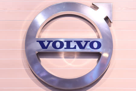 FILE PHOTO: The logo of Swedish truck maker Volvo is pictured at the IAA truck show in Hanover, September 22, 2016. REUTERS/Fabian Bimmer/File Photo