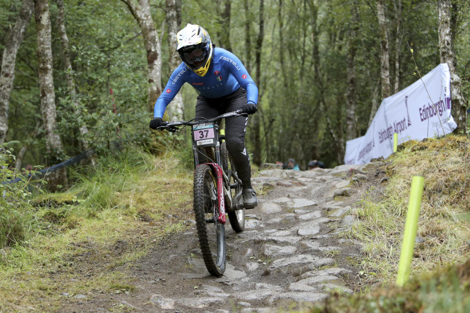 Italy's Gloria Scarsi in action during the Elite Women's Final during day three of the 2023 UCI Cycling World Championships at the Ben Nevis Range, Fort William, Scotland, Saturday Aug. 5, 2023. (Will Matthews/PA via AP)