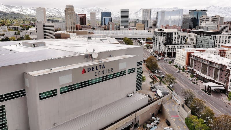 The Delta Center and the skyline are seen in Salt Lake City on Wednesday, May 8, 2024. Jazz owner Ryan Smith, city and county leaders want to redevelop to create a new shopping, residential and entertainment district that will connect City Creek Mall with the Delta Center.