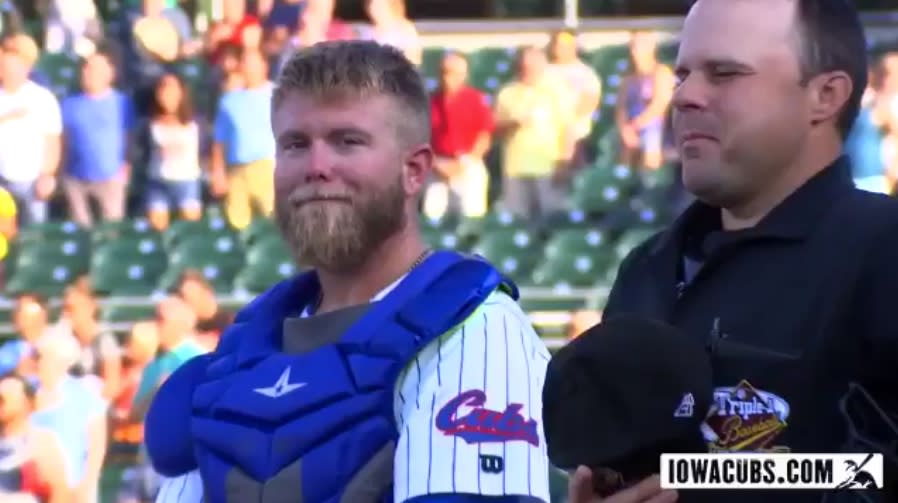 Taylor Davis flashes a smile at the ballpark camera. (Twitter/@IowaCubs)