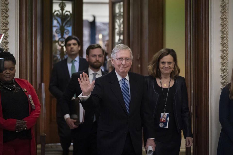 Senate Majority Leader Mitch McConnell, R-Ky., leaves the chamber after leading the impeachment acquittal of President Donald Trump, at the Capitol in Washington, Wednesday, Feb. 5, 2020. (AP Photo/J. Scott Applewhite)