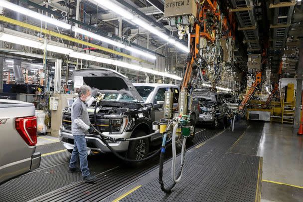 PHOTO: An employee works on the 40 millionth Ford Motor Co. F-Series truck on the assembly line at the Ford Truck Plant in Dearborn, Mich., Jan. 26, 2022. (Jeff Kowalsky/AFP via Getty Images, FILE)