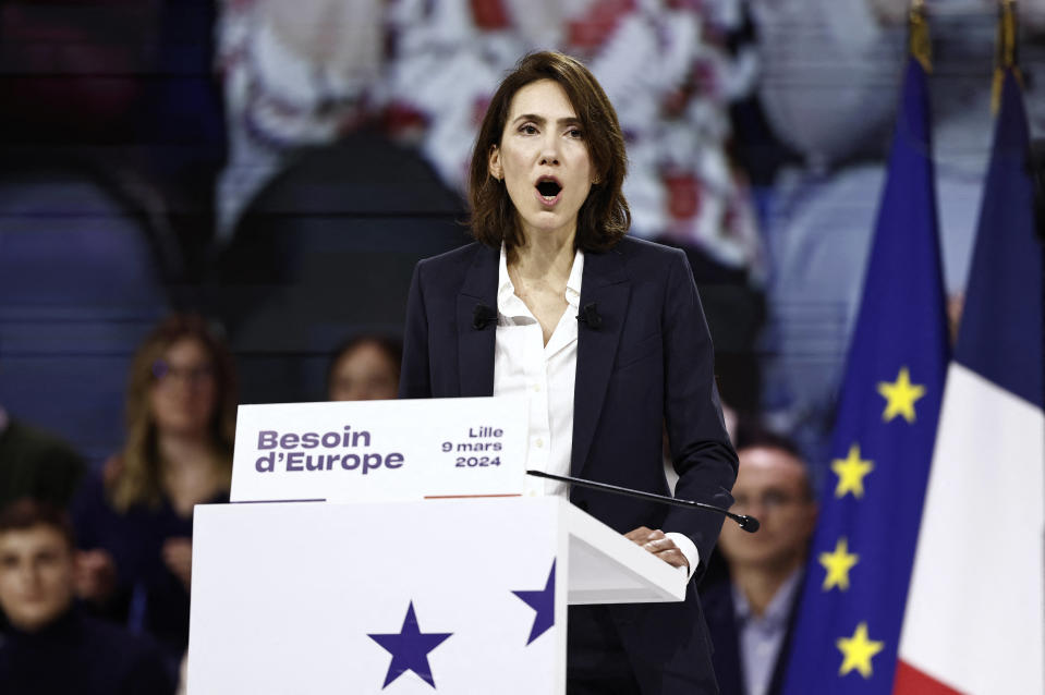 Valérie Hayer, tête de liste Renaissance aux élections européennes, lors du lancement de sa campagne à Lille samedi 9 mars.