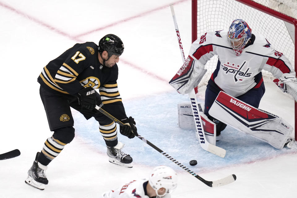 Boston Bruins left wing Milan Lucic (17) takes a shot on Washington Capitals goaltender Darcy Kuemper (35) during the first period of a preseason NHL hockey game Tuesday, Oct. 3, 2023, in Boston. (AP Photo/Charles Krupa)