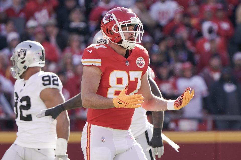 Kansas City Chiefs tight end Travis Kelce (87) looks for a penalty call against the Las Vegas Raiders during the game at GEHA Field at Arrowhead Stadium.