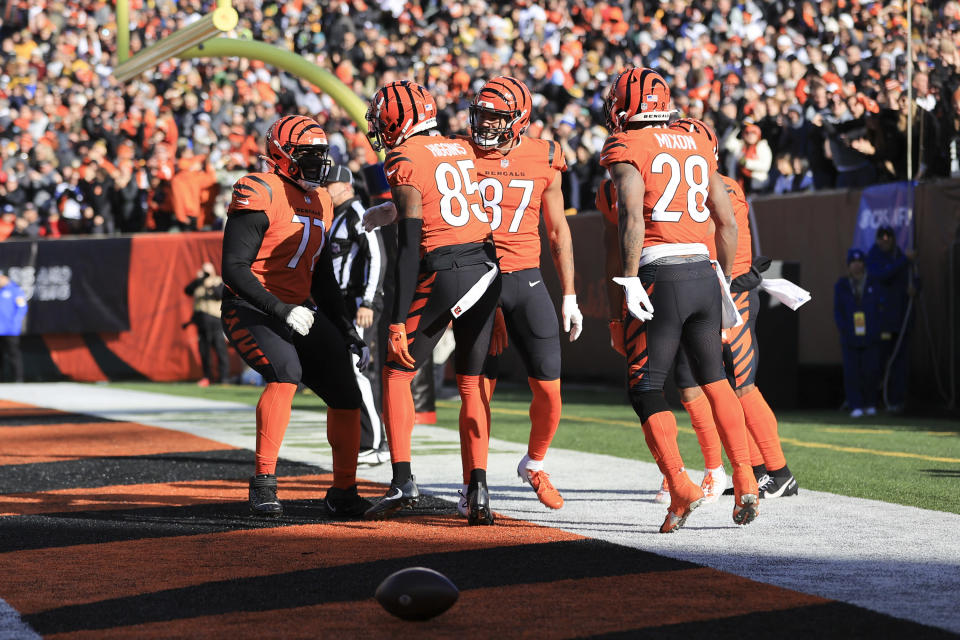 Cincinnati Bengals wide receiver Tee Higgins (85) celebrates with teammates after making a touchdown catch against the Pittsburgh Steelers during the first half of an NFL football game, Sunday, Nov. 28, 2021, in Cincinnati. (AP Photo/Aaron Doster)