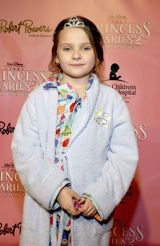 she's wearing pj's and a robe for a movie premiere for princess diaries 2