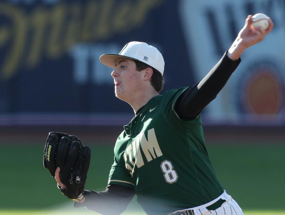 St. Vincent-St. Mary starting pitcher Connor Christie delivers a pitch against Hoban in the first inning, Friday, May 10, 2024, at Canal Park.