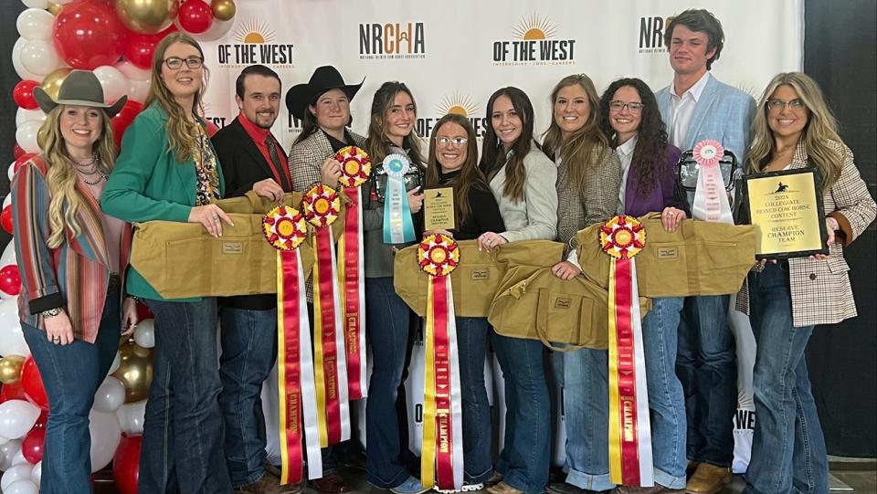 Representing West Texas A&M University at the National Reined Cow Horse Judging Contest were, from left, Dr. Christy Petry-Adams, coach; Addie Brown; Zach Rich; Shana Elkins; Abigail Newbold; Morgan Holcomb; Gracie Potter; Mariah Mae Dyson; Chloe Hamaker; Trenton Hammerand; and Makenzi Knipe, assistant coach.