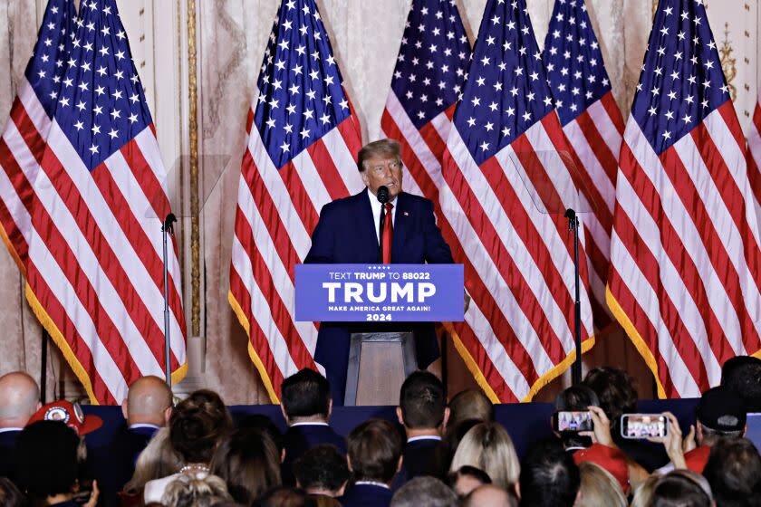 Former US President Donald Trump, speaks at the Mar-a-Lago Club in Palm Beach, Florida, US, on Tuesday, Nov. 15, 2022. Trump formally entered the 2024 US presidential race, making official what he's been teasing for months just as many Republicans are preparing to move away from their longtime standard bearer. Photographer: Eva Marie Uzcategui/Bloomberg via Getty Images