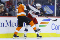 Columbus Blue Jackets' Gustav Nyquist, right, and Philadelphia Flyers' Ivan Provorov collide during the first period of an NHL hockey game, Tuesday, Feb. 18, 2020, in Philadelphia. (AP Photo/Matt Slocum)