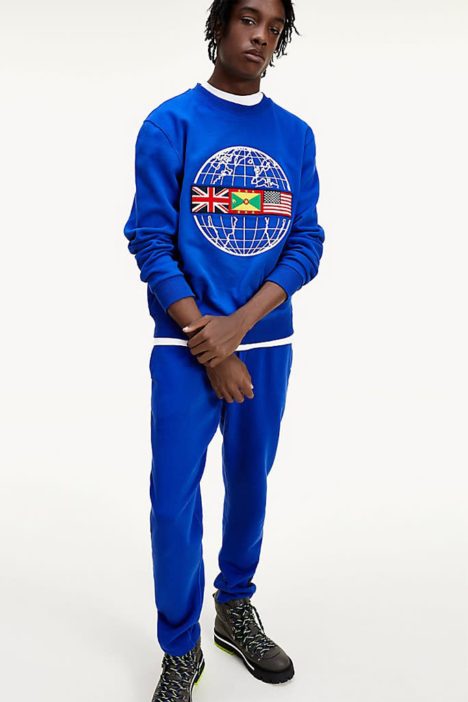 tommy x lewis, Tommy x Lewis Organic Cotton Globe Sweater. blue sweater 