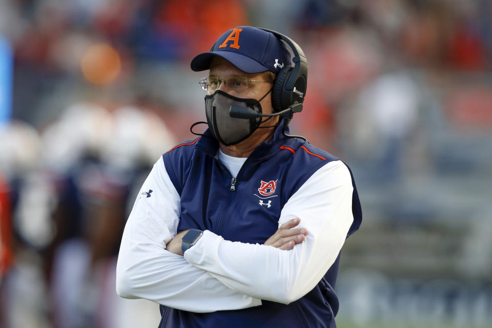 Auburn head coach Gus Malzahn watches during the second half of an NCAA college football game against LSU on Saturday, Oct. 31, 2020, in Auburn, Ala. (AP Photo/Butch Dill)