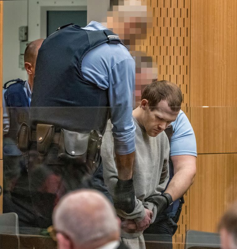 FILE PHOTO: Brenton Tarrant, the gunman who shot and killed worshippers in the Christchurch mosque attacks, is seen during his sentencing at the High Court in Christchurch