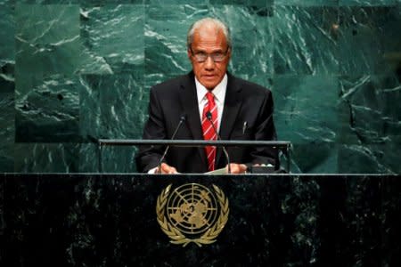 FILE PHOTO - Prime Minister of Tonga Samiuela Akilisi Pohiva addresses the United Nations General Assembly in the Manhattan borough of New York, U.S., September 24, 2016.  REUTERS/Eduardo Munoz