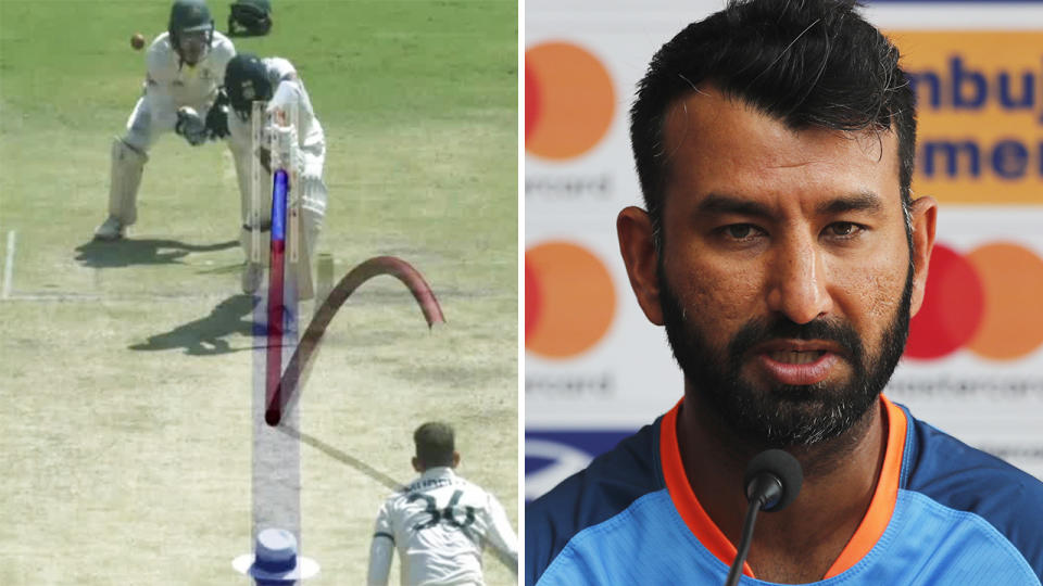 Cheteshwar Pujara is given out LBW on the left, and pictured in a press conference on the right.