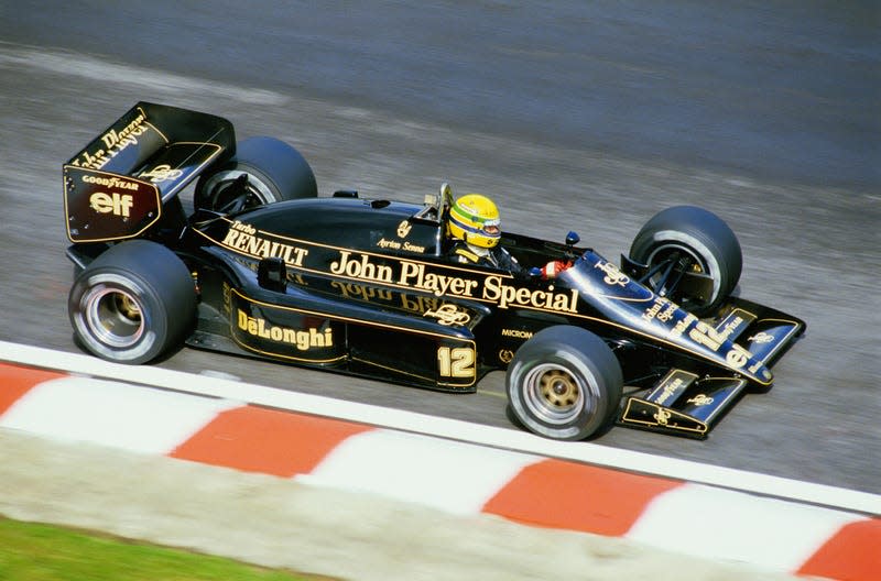 Ayrton Senna in action during the 1986 F1 Belgian Grand Prix at the Spa-Francorchamps circuit.