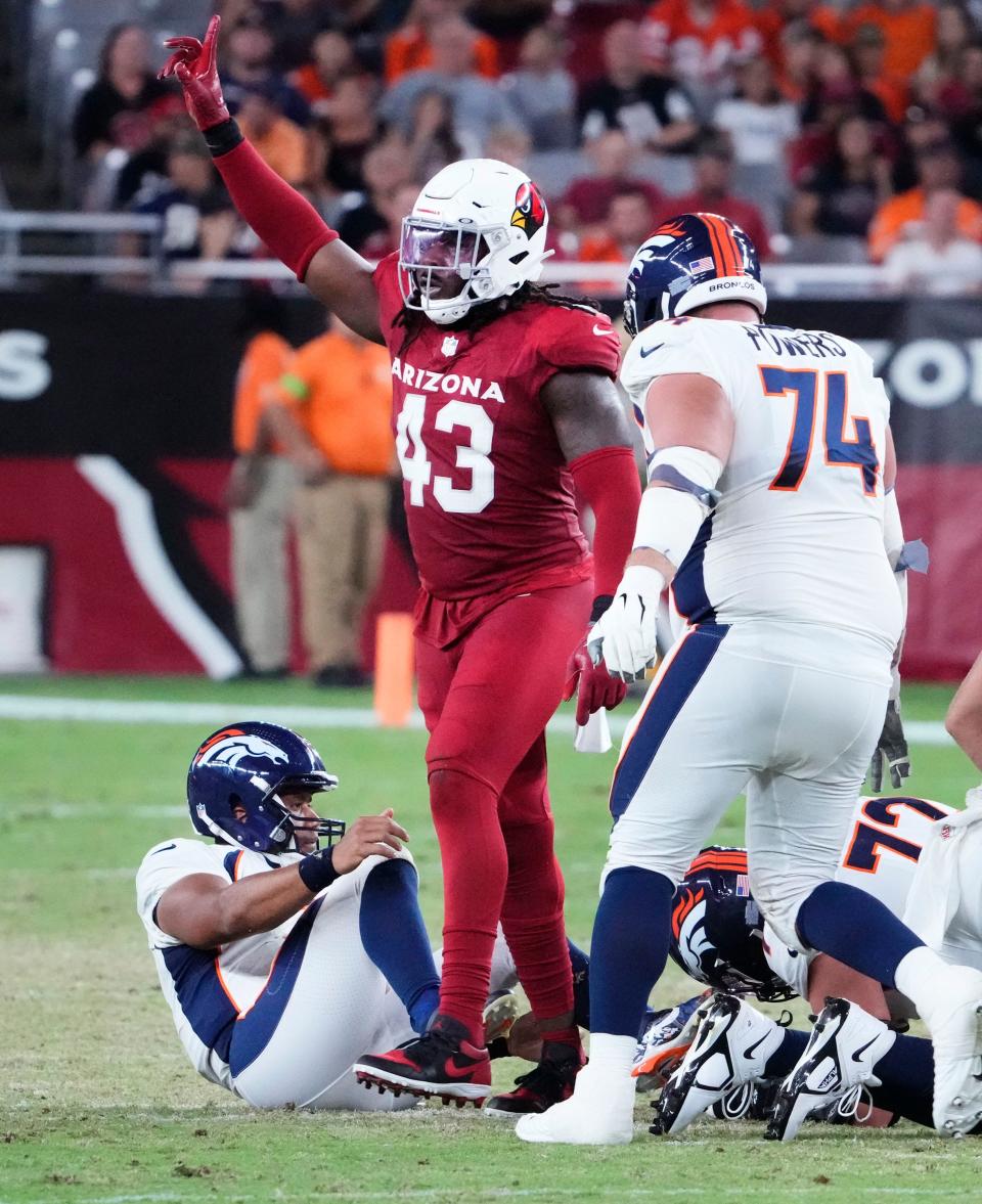 Arizona Cardinals linebacker Jesse Luketa (43) reacts after sacking Denver Broncos quarterback Russell Wilson (3) during an Aug. 11, 2023, NFL preseason game at State Farm Stadium. Luketa, who played for Mercyhurst Prep and Penn State University, could compete for the Cardinals during next Sunday's game against the Pittsburgh Steelers at Acrisure Stadium.