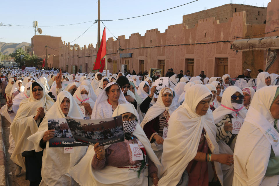 Women take part in a protest against a government plan to change the management of drinking water, in the oasis of Figuig, eastern Morocco, Friday, March 8, 2024. Regional leaders in Morocco met Thursday, March 21, 2024 with residents of an oasis where many have staged protests over a water management plan. Thousands in the eastern Moroccan town of Figuig have demonstrated against their municipal council’s plan to to transition drinking water management to a regional multi-service agency. (AP Photo)