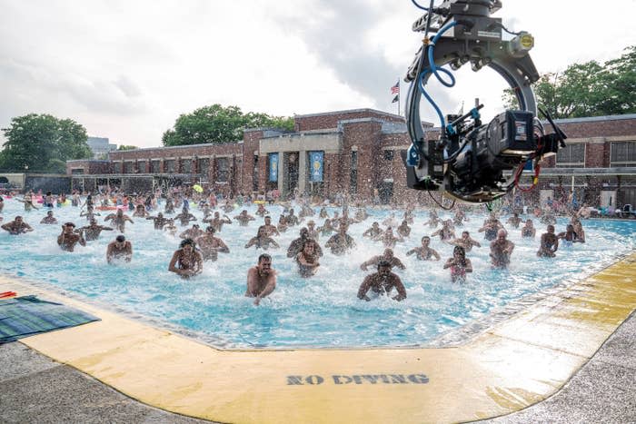 the sequence in the pool being filmed