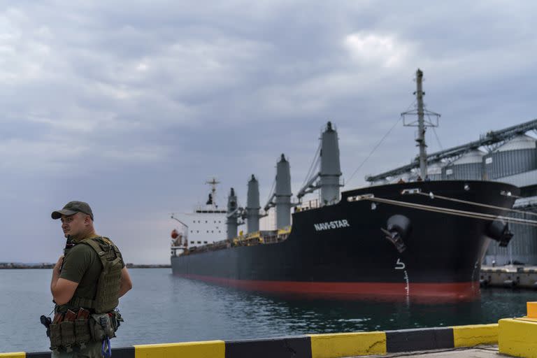 ARCHIVO - Un elemento de seguridad vigila el barco Navi-Star que permanece varado y lleno de granos desde la invasión de Rusia a Ucrania mientras aguarda la autorización para zarpar del puerto de Odesa, en Ucrania, el 29 de julio de 2022. (AP Foto/David Goldman)