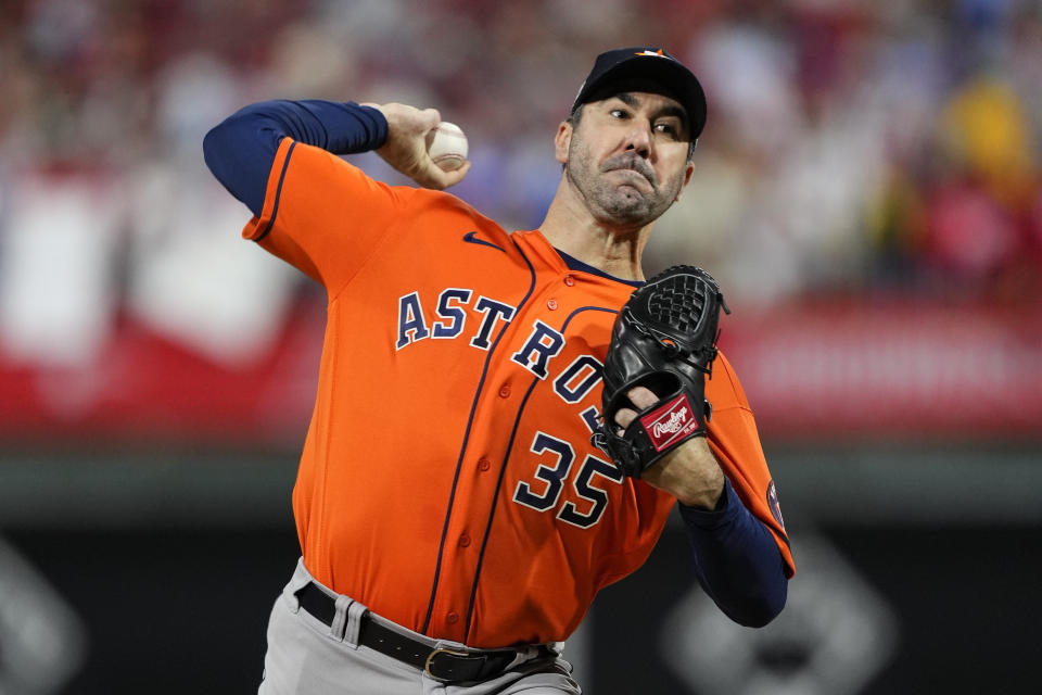 Houston Astros starting pitcher Justin Verlander throws against the Philadelphia Phillies during the first inning in Game 5 of baseball's World Series between the Houston Astros and the Philadelphia Phillies on Thursday, Nov. 3, 2022, in Philadelphia. (AP Photo/Matt Slocum)