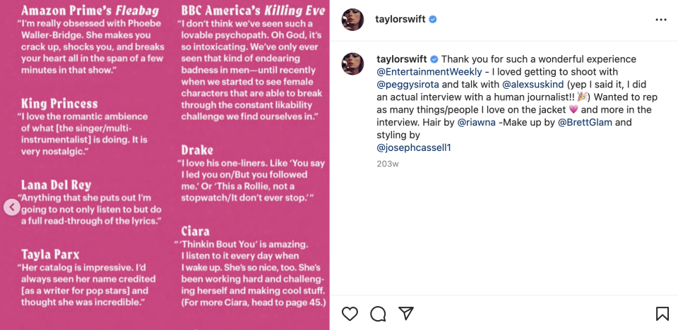 Screenshot of Taylor Swift's interview and Instagram