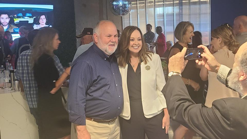 State Auditor and Inspector Cindy Byrd posed for a picture with former state auditor Gary Jones at an election watch party on June 28, 2022.