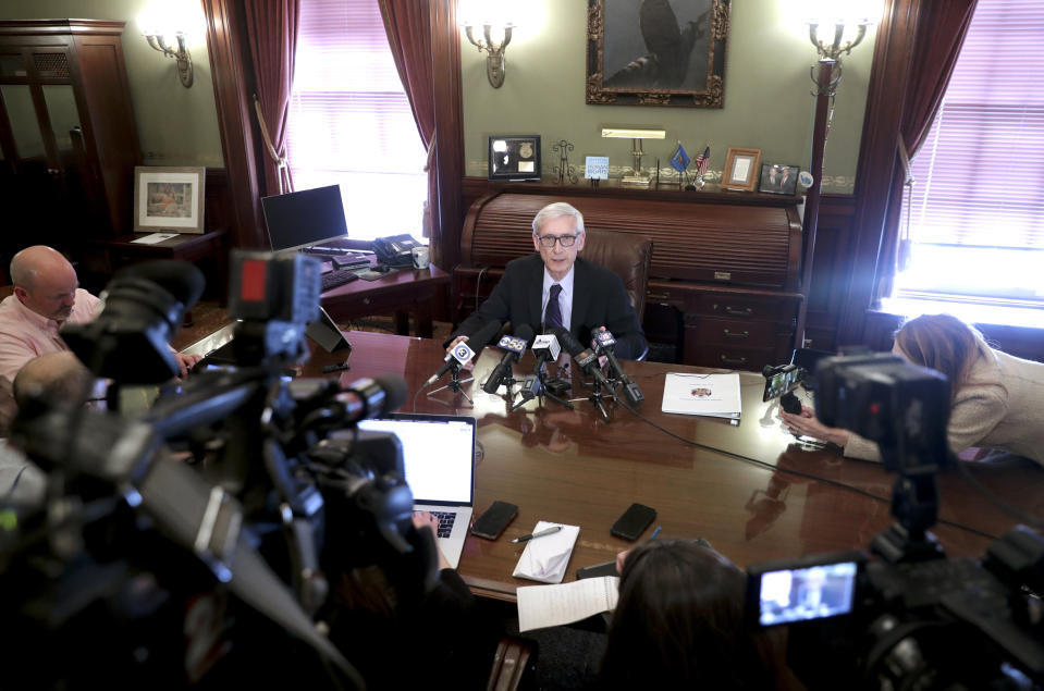 Governor Tony Evers answered reporters questions at the State Capitol Thursday, March 21, 2019 after a Dane County judge has blocked the lame duck laws that Republicans passed in December to limit the power of the governor and attorney general. (Steve Apps/Wisconsin State Journal via AP)