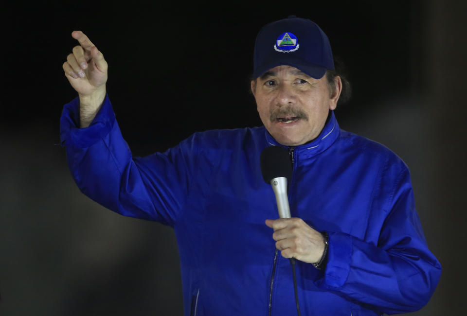 Nicaragua's President Daniel Ortega speaks during the inauguration ceremony of a highway overpass in Managua, Nicaragua, Thursday, March 21, 2019. Ortega's government and opposition began negotiating Thursday how to carry out the release of hundreds of political prisoners arrested in the past year of unrest, after the government announced Wednesday it would free the prisoners within 90 days in exchange for the lifting of external sanctions. (AP Photo/Alfredo Zuniga)