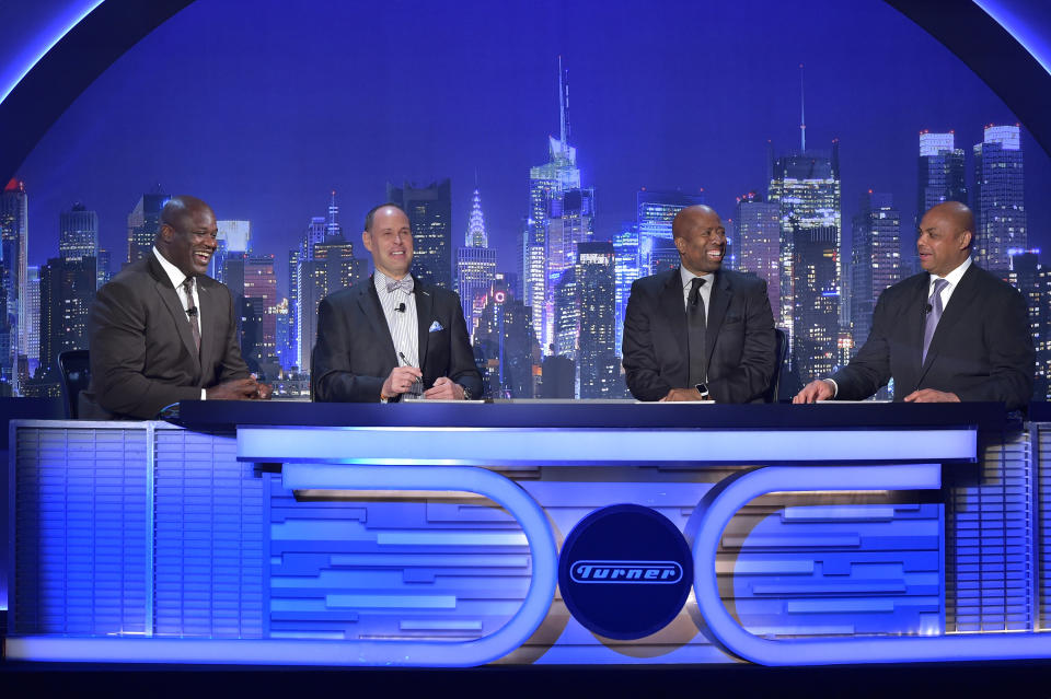 (L-R) Shaquille O'Neal, Ernie Johnson, Kenny Smith, and Charles Barkley appear on stage.