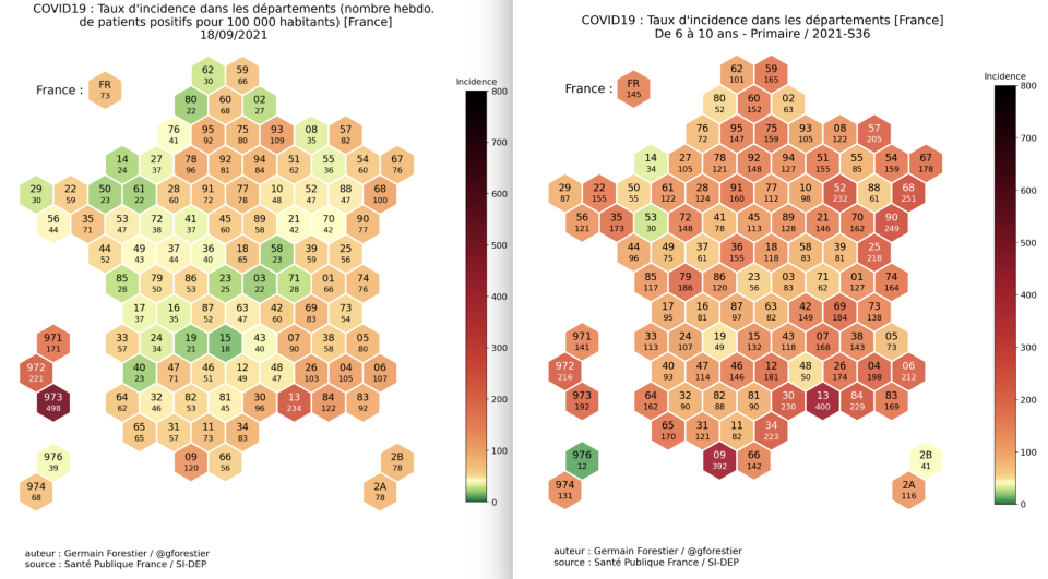 Taux d'incidence par département (tous âges à gauche, en primaire à droite)