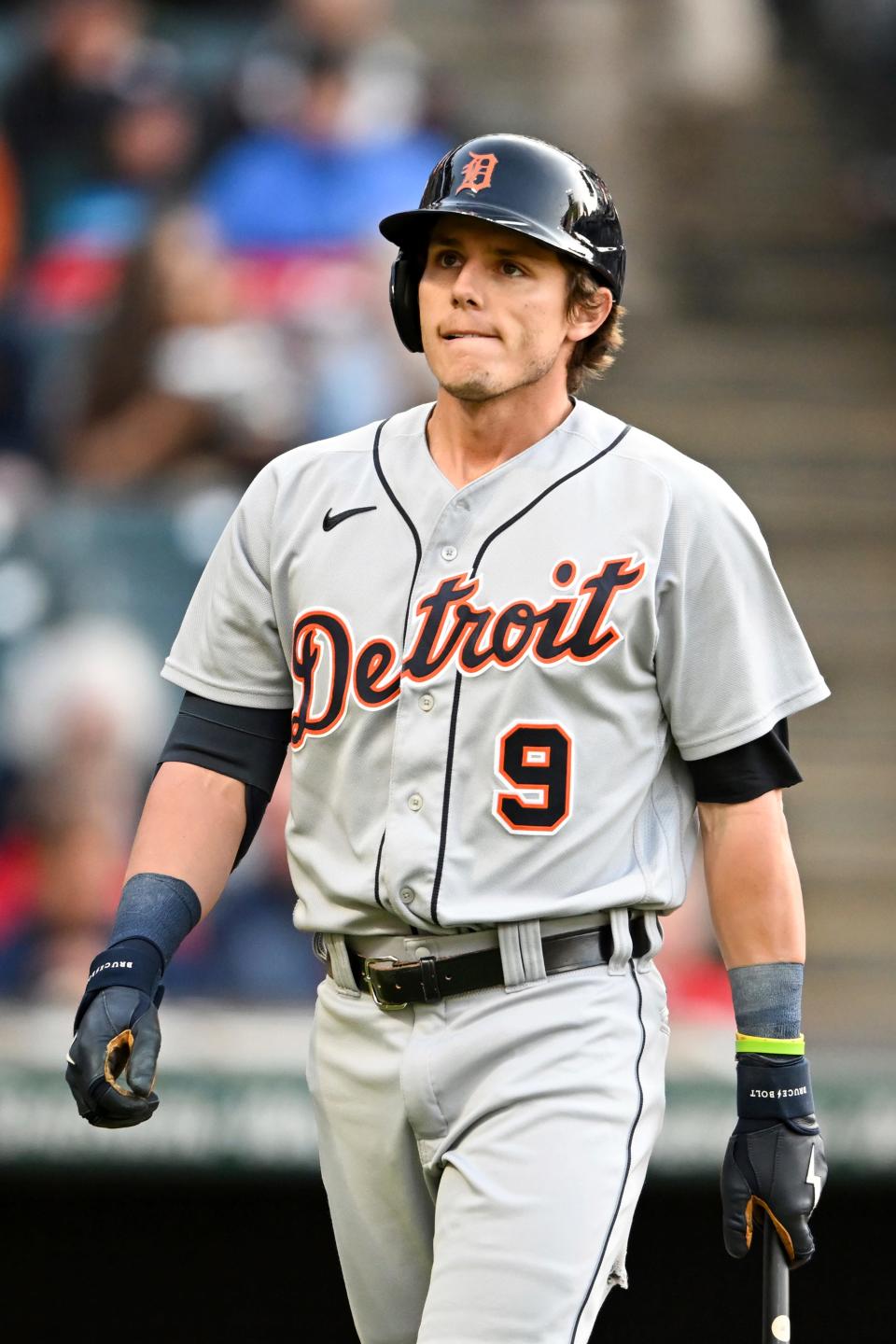 Tigers designated hitter Nick Maton reacts after striking out during the fifth inning of the Tigers' 2-0 loss on Tuesday, May 9, 2023, in Cleveland.