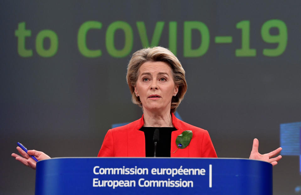 European Commission President Ursula von der Leyen speaks during a media conference on the Commissions response to COVID-19 after a meeting of the College of Commissioners at EU headquarters in Brussels, Wednesday, March 17, 2021. The European Commission is proposing Wednesday to create a Digital Green Certificate to facilitate safe free movement inside the EU during the COVID-19 pandemic. (John Thys, Pool via AP)