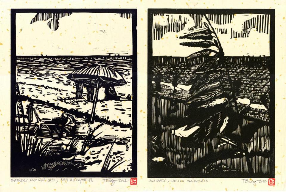 Tom Virgin, “Seaoats (Uniola paniculata),” Diptych Relief print on Chinese paper with gold leaf.