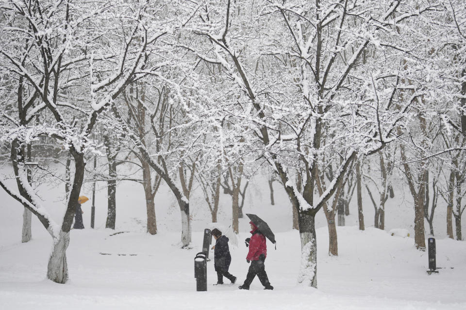 People walk through the snow in Goyang, South Korea, Saturday, Dec. 30, 2023. South Korean Meteorological Administration issued a heavy snow advisory for some parts of the Korea peninsula. (AP Photo/Lee Jin-man)
