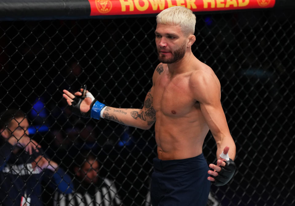 LAS VEGAS, NEVADA – SEPTEMBER 05: Serhiy Sidey of Ukraine reacts after his victory over Ramon Taveras in a bantamweight fight during Dana White’s Contender Series season seven, week five at UFC APEX on September 05, 2023 in Las Vegas, Nevada. (Photo by Cooper Neill/Zuffa LLC via Getty Images)