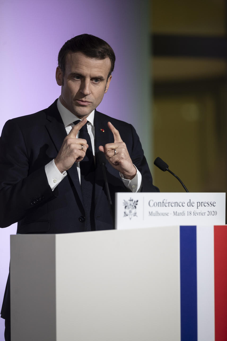 French President Emmanuel Macron, delivers a speech during a press conference a part of his visit in Mulhouse, eastern France, Tuesday, Feb. 18, 2020. Macron said Tuesday he was determined to fight against "Islamist separatism" but also "discrimination ». (AP Photo/Jean-Francois Badias, Pool)