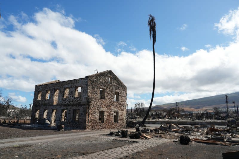 View of the damaged buildings and structures of Lahaina Town, which were destroyed in the Maui wildfires in Lahaina, Maui, on Wednesday. The death toll climbed to 111 as crews continue to fight last week's wind-fueled fires and investigators work to determine a cause. Photo by Dominick Del Vecchio/FEMA/UPI