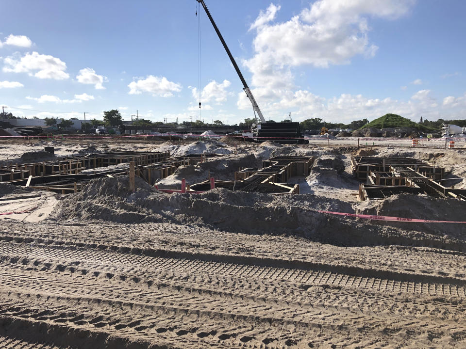 This Monday, Oct. 21, 2019, photo shows construction continuing at the stadium site for David Beckham’s MLS soccer team that will debut in 2020 at the site of the former Lockhart Stadium in Fort Lauderdale, Fla. (AP Photo/Tim Reynolds)