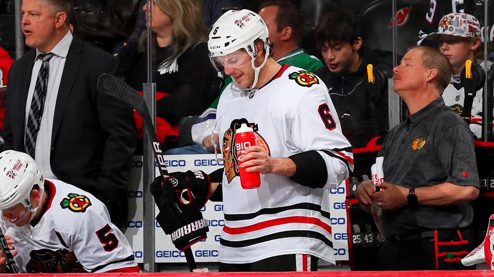 Jake McCabe #6 of the Chicago Blackhawks has never made the playoffs in his NHL career.  (Photo by Rich Graessle/NHLI via Getty Images)