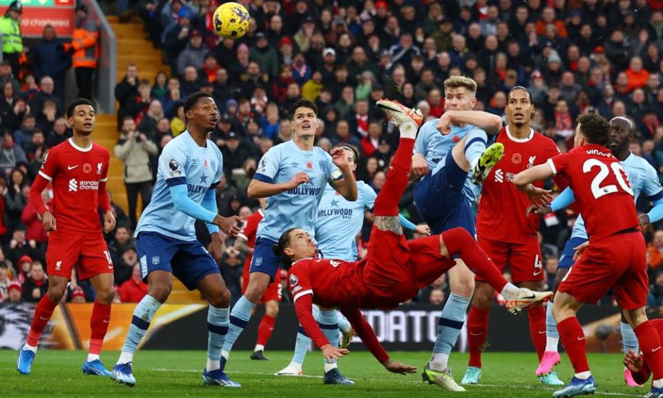 Liverpool's Darwin Núñez scores spectacularly against Brentford, but his effort is disallowed for offside