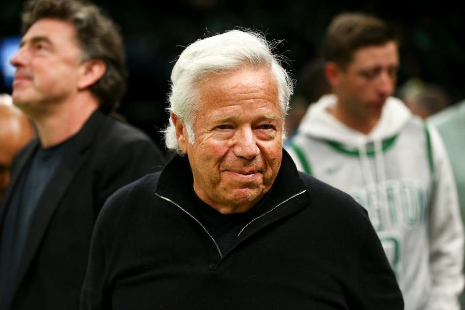 BOSTON, MA - APRIL 14:  Robert Kraft, owner of the New England Patriots looks on during Game One of the first round of the 2019 NBA Eastern Conference Playoffs between the Boston Celtics and the Indiana Pacers at TD Garden on April 14, 2019 in Boston, Massachusetts. NOTE TO USER: User expressly acknowledges and agrees that, by downloading and or using this photograph, User is consenting to the terms and conditions of the Getty Images License Agreement. (Photo by Adam Glanzman/Getty Images)