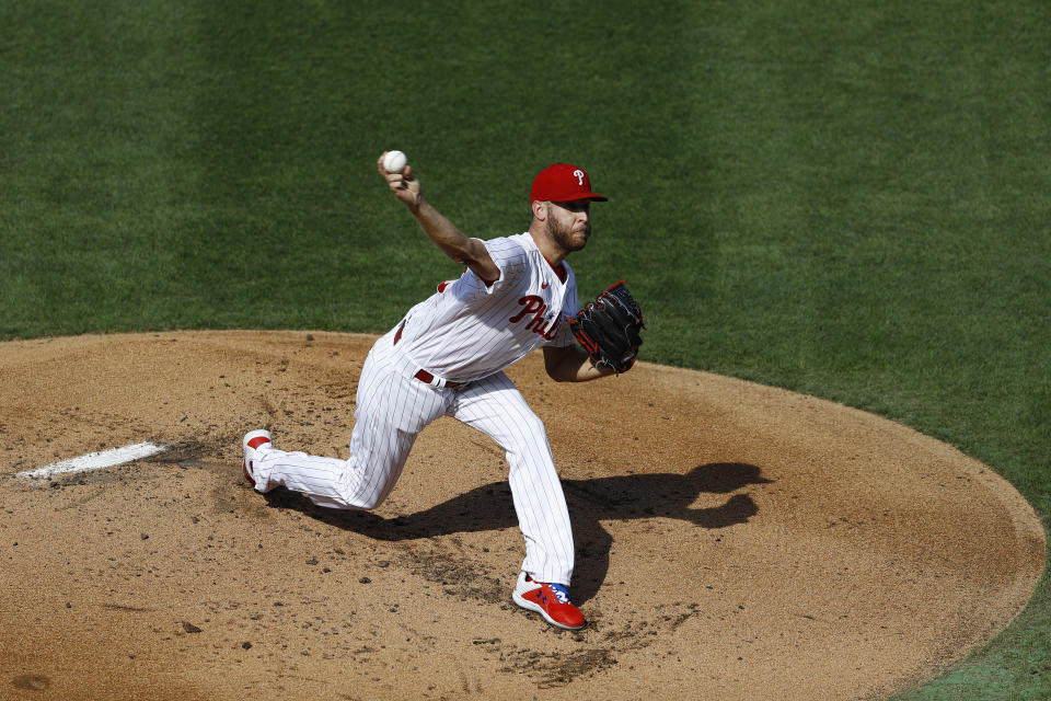 Philadelphia Phillies' Zack Wheeler pitches during the first inning of the first baseball game in doubleheader against the New York Yankees, Wednesday, Aug. 5, 2020, in Philadelphia. (AP Photo/Matt Slocum)