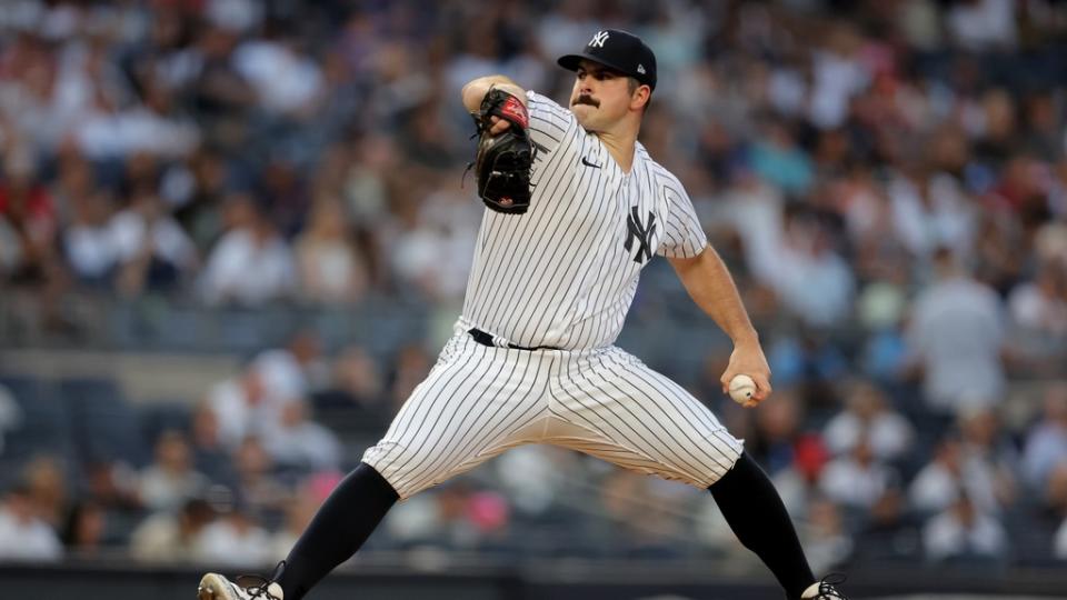 Aug 22, 2023; Bronx, New York, USA; New York Yankees starting pitcher Carlos Rodon (55) pitches against the Washington Nationals during the first inning at Yankee Stadium.