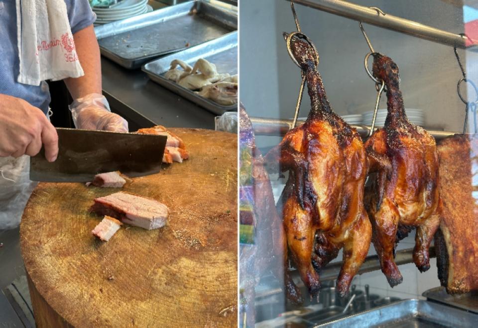 Chopping the roast pork with the crispy skin, upon order (left). The roast chicken with its appetising skin (right)