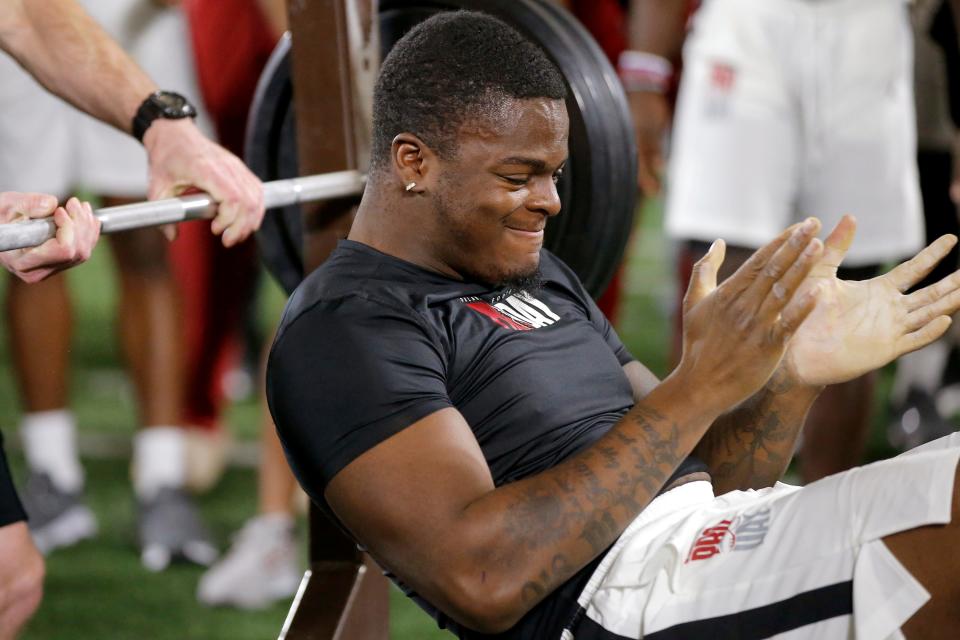 Isaiah Thomas reacts after bench pressing during the University of Oklahoma Sooners football Pro Day  inside the Everest Training Center in Norman, Okla., Wednesday, March 9, 2022. 